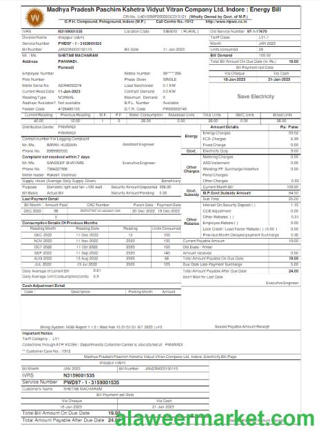 INDIA MPWZ utility bill Word and PDF template